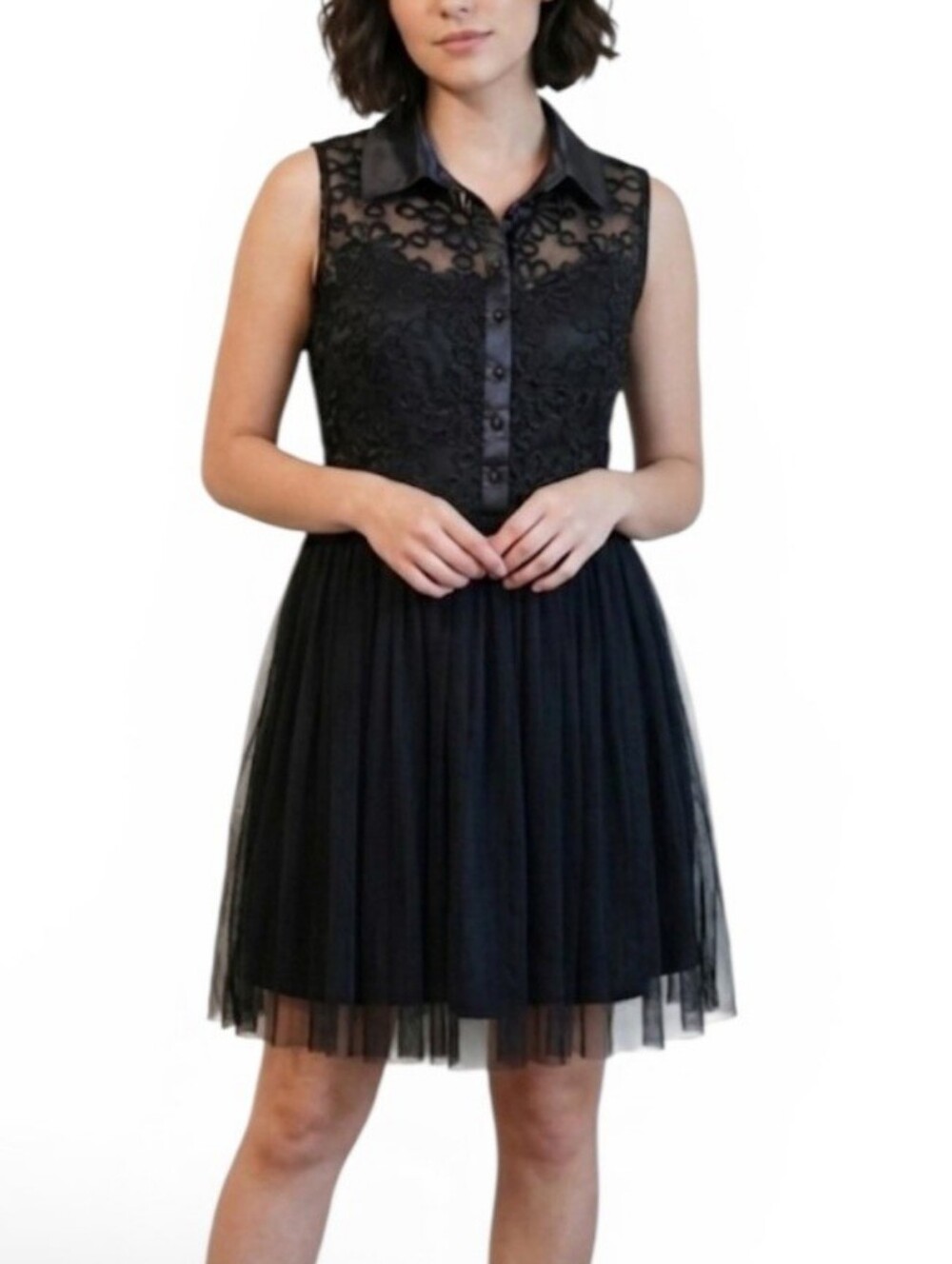 Black Lace Sleeveless Collared Dress Size Large Gothic Romance
